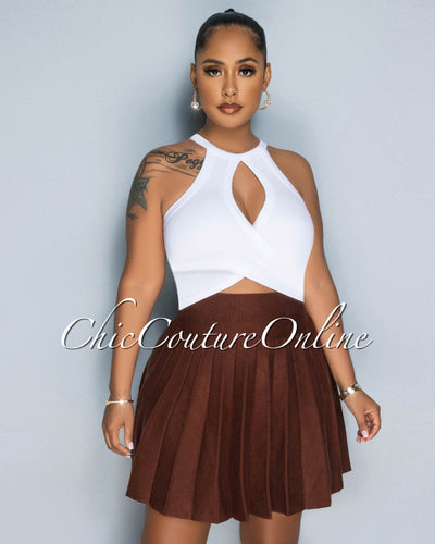 Amaria Brown Knit Pleated Mini Skirt