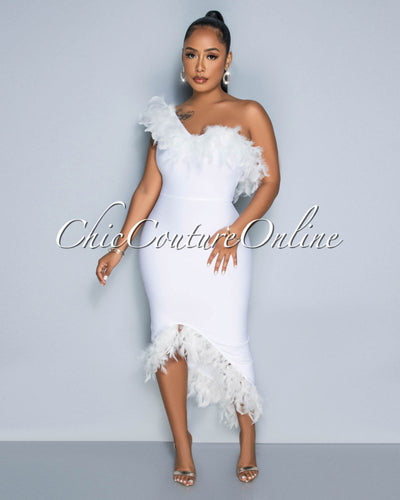 Maverick Off-White Feather Accent Bandage Midi Dress