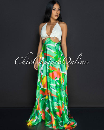 Moa Green Orange Halter Crochet Flared Maxi Dress