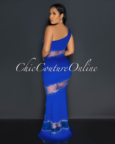 Corine Royal Blue Mesh Rhinestones Maxi Dress