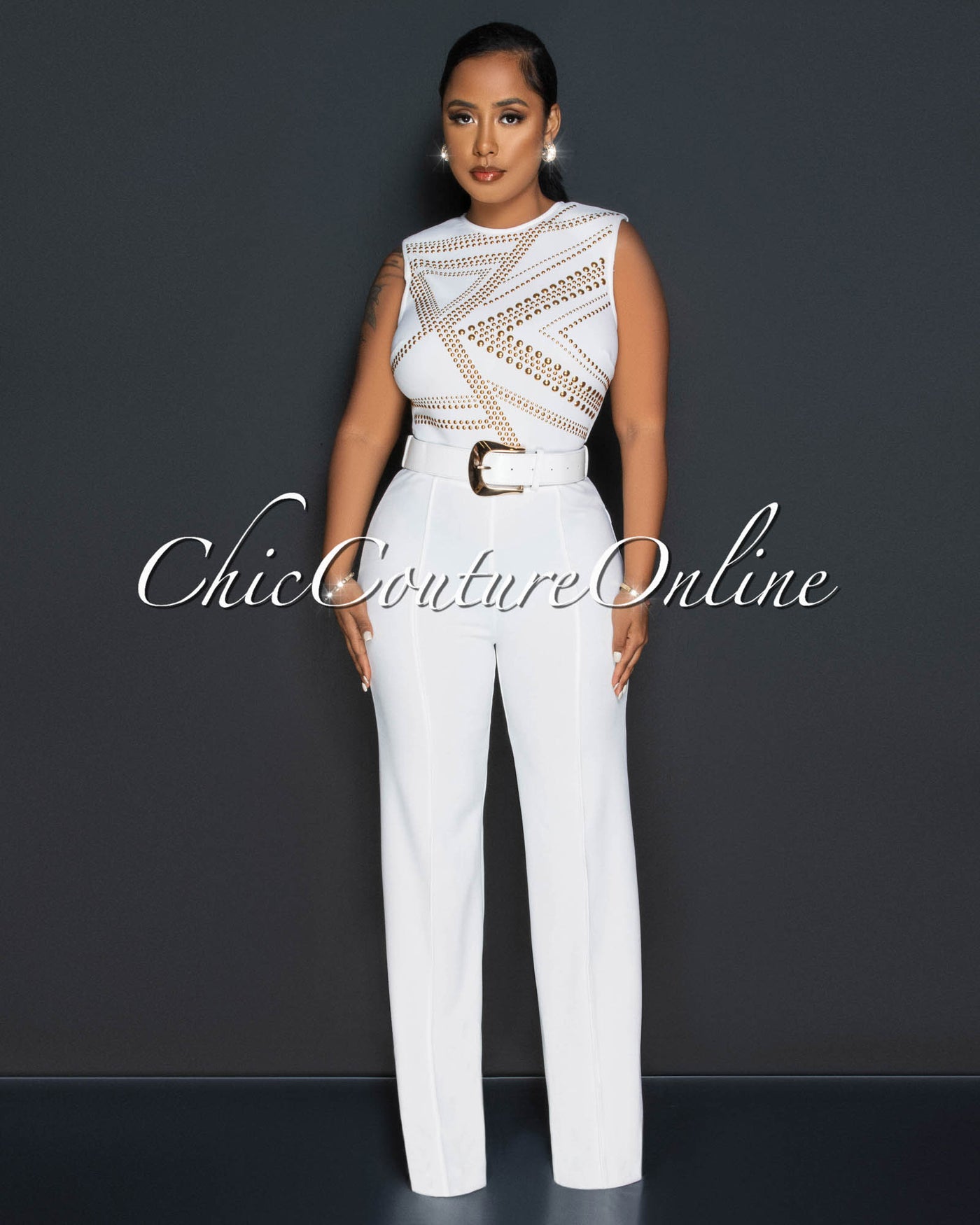 Marlisa Off-White Gold Studs Gold Buckle Belt Jumpsuit