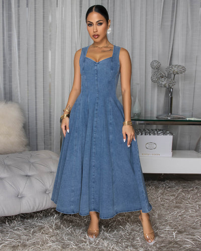 Aurelie Light Blue Denim Flare Maxi Dress