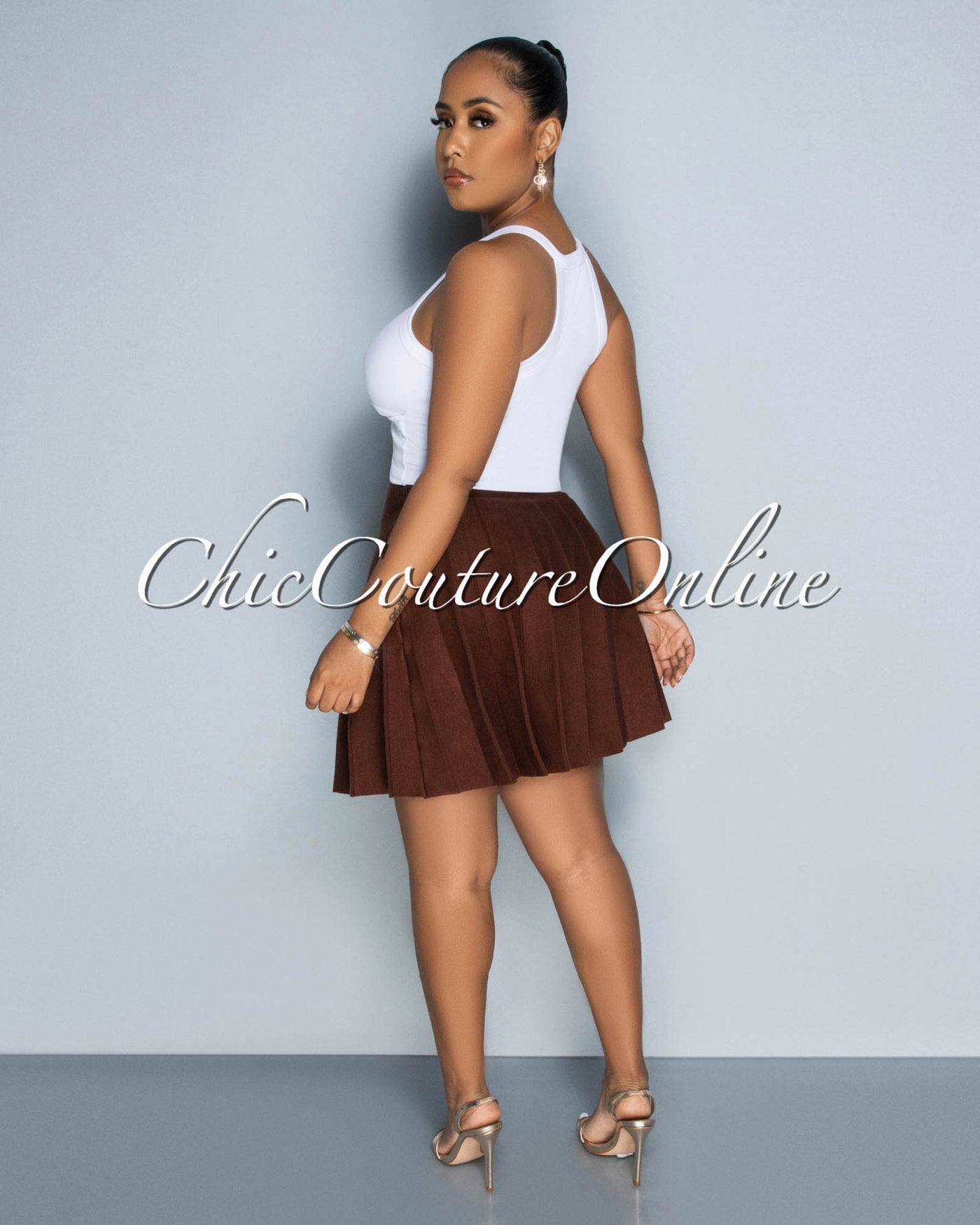 Amaria Brown Knit Pleated Mini Skirt