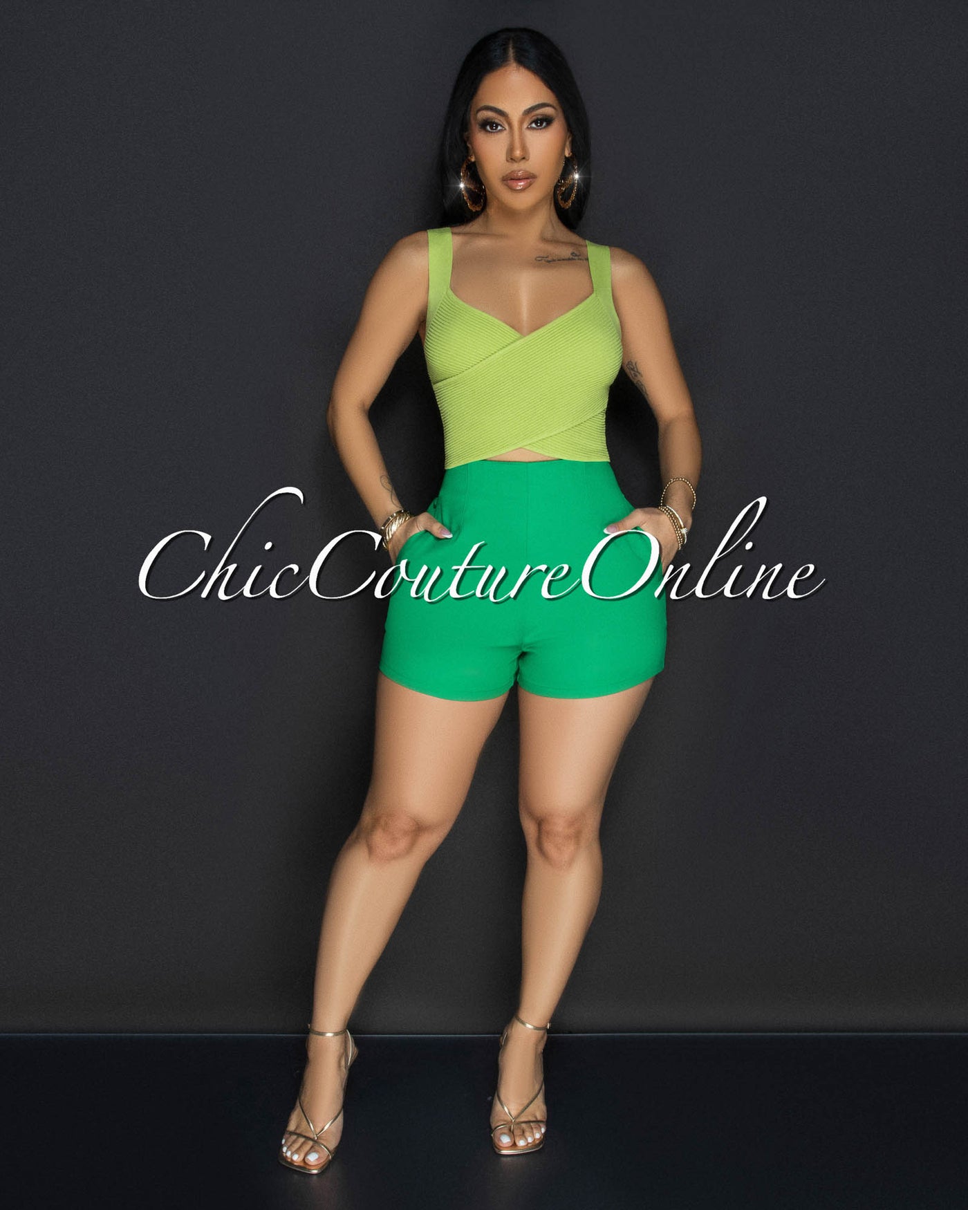 Shina Green Cross V-Neck Ribbed Crop Top