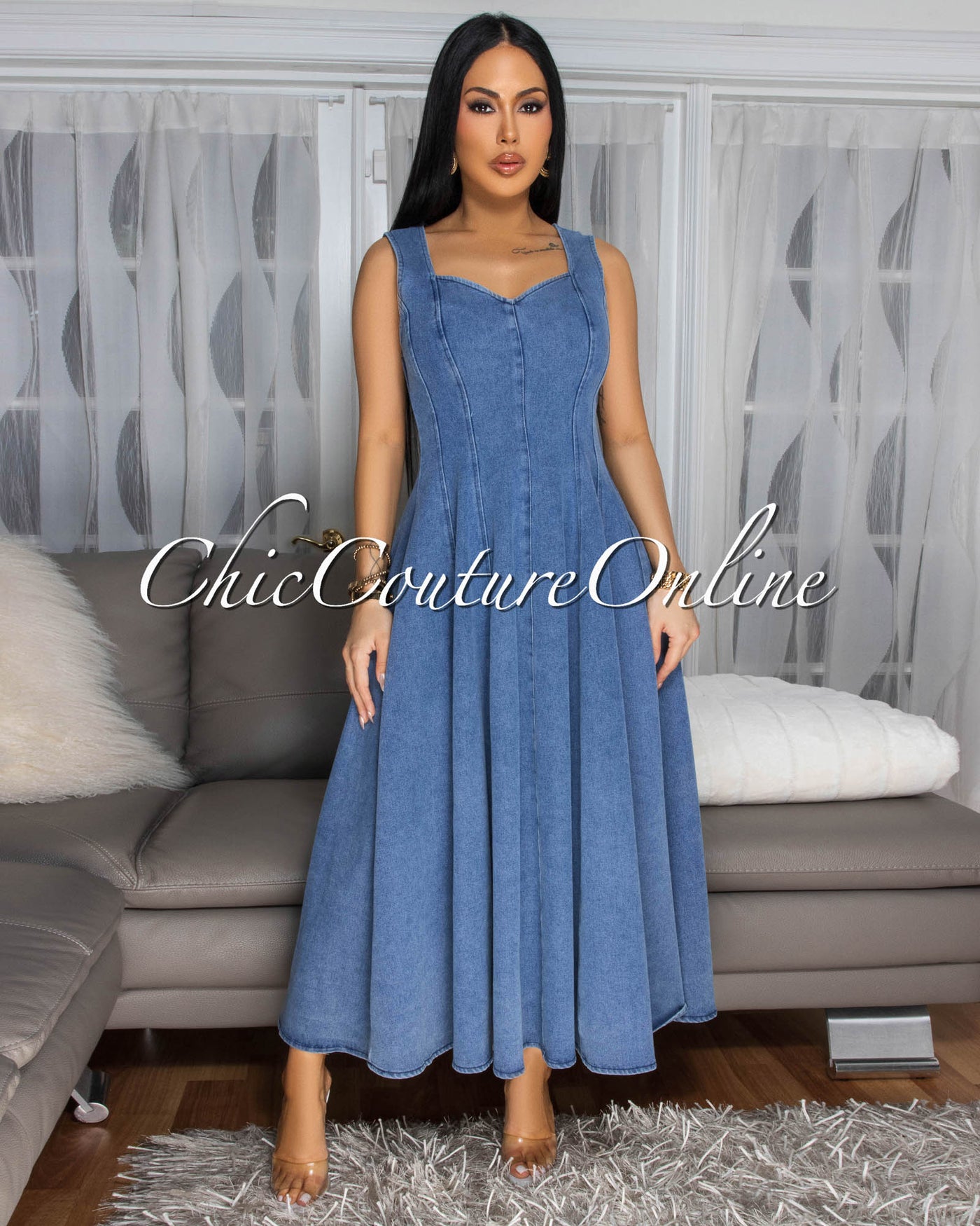 Aurelie Light Blue Denim Flare Maxi Dress