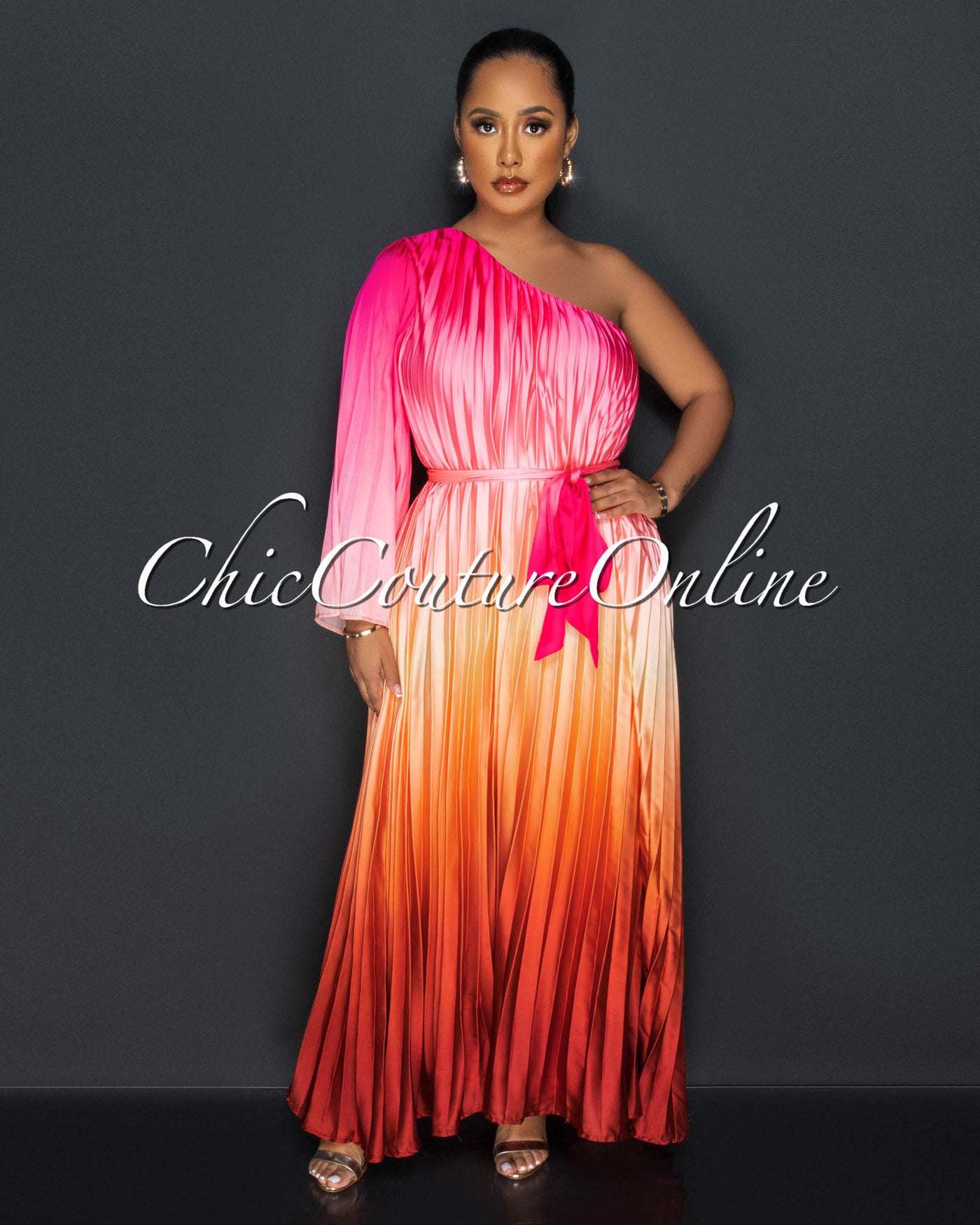 *Tonia Pink Rust Ombre Pleated Single Shoulder Maxi Dress