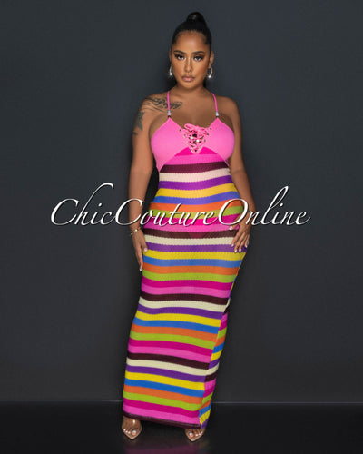 Rainey Pink Multi Halter Crochet Maxi Dress