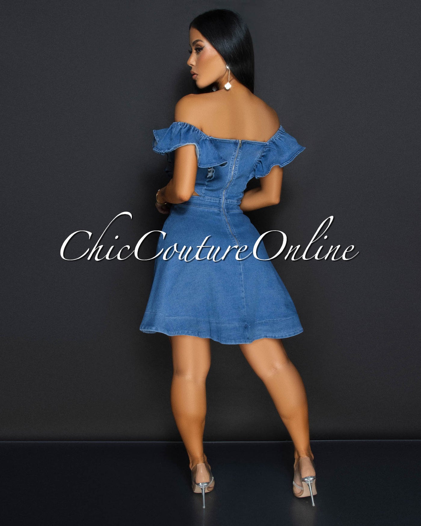 Adelina Blue Denim Cut Out Ruffle Dress