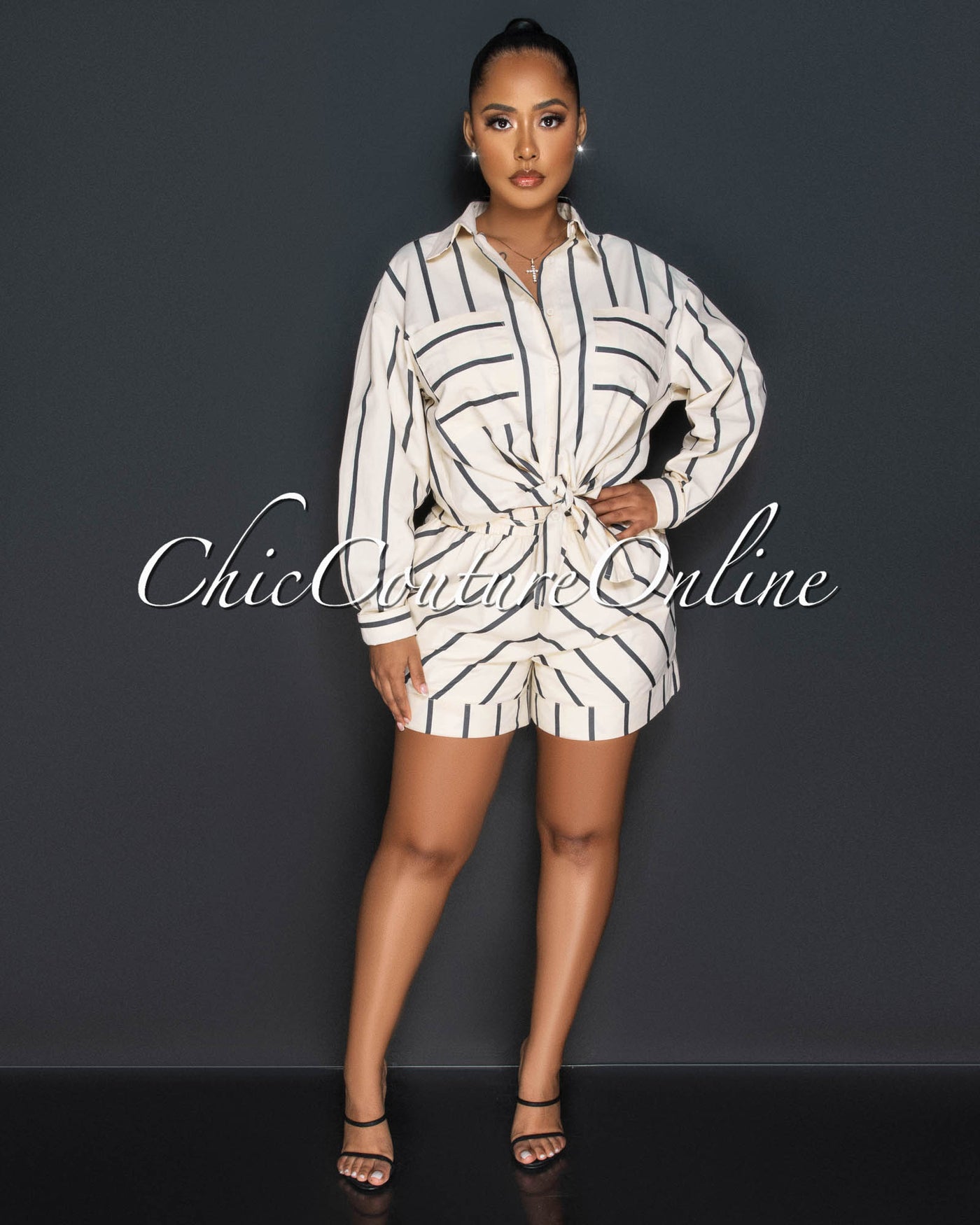 Giona Nude Black Stripes Buttoned Shirt & Shorts Set