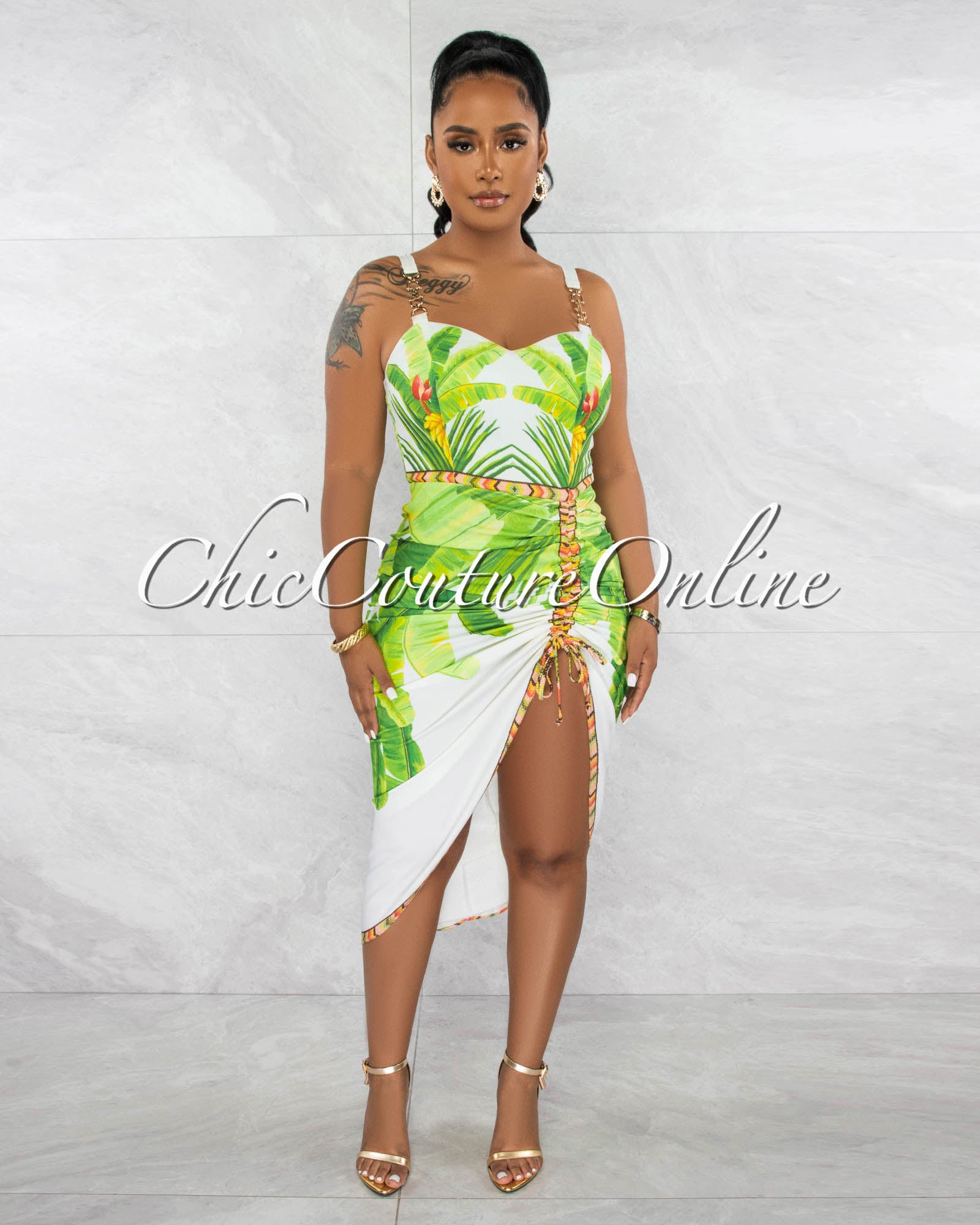 *Haiba Green Multi-Color Print Gold Link Straps Ruched Midi Dress