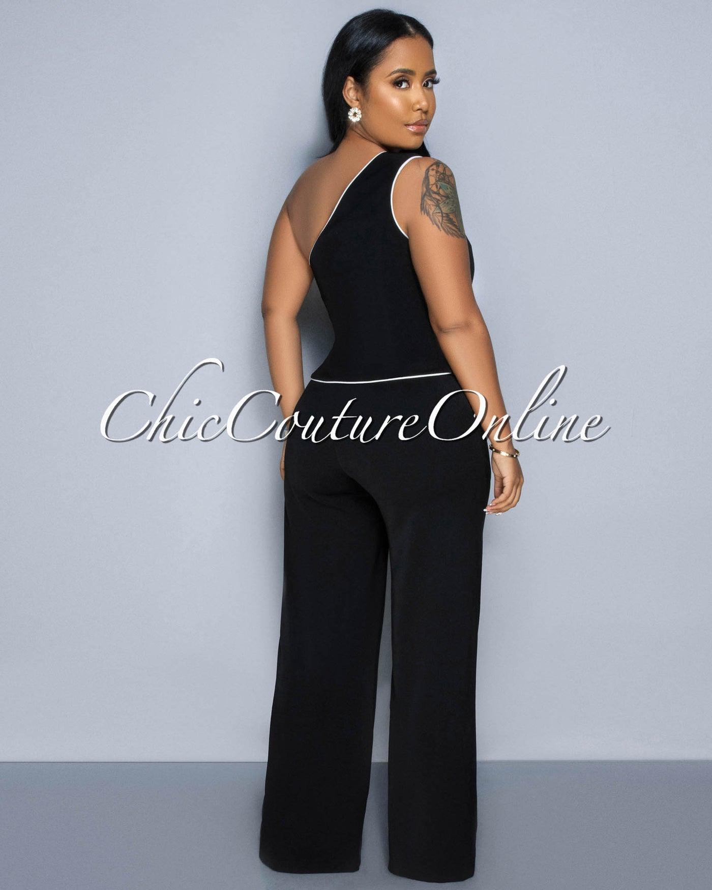 Marcia Black White Trim Single Shoulder Vest & Pants Set