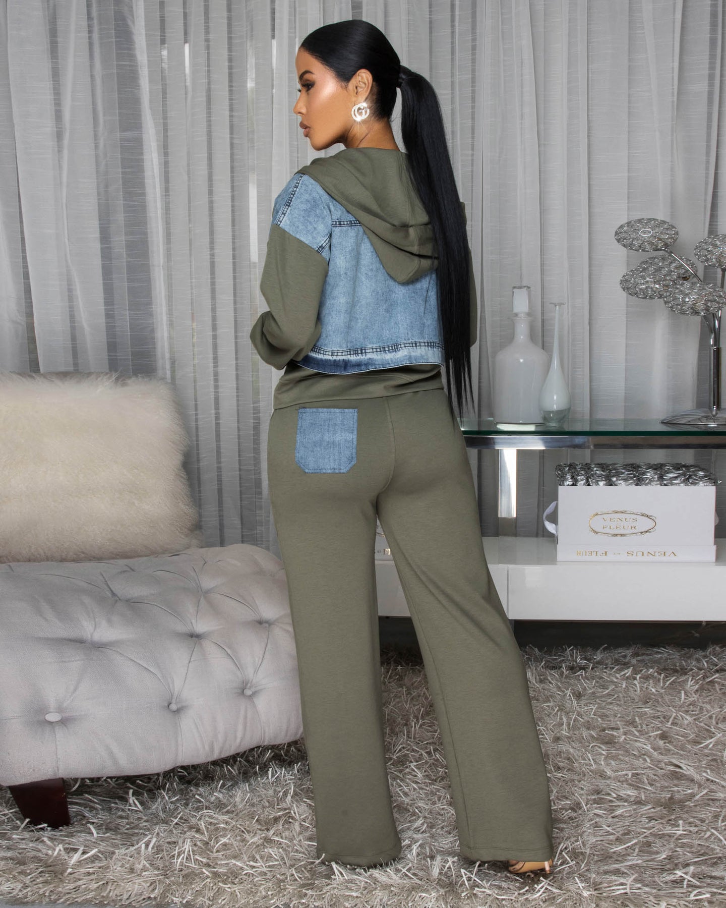 Aeris Denim Olive Green Jacket & Pants Set