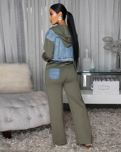 Aeris Denim Olive Green Jacket & Pants Set