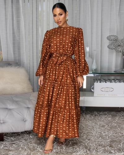 Primose Mocha Beige Print Midi Dress