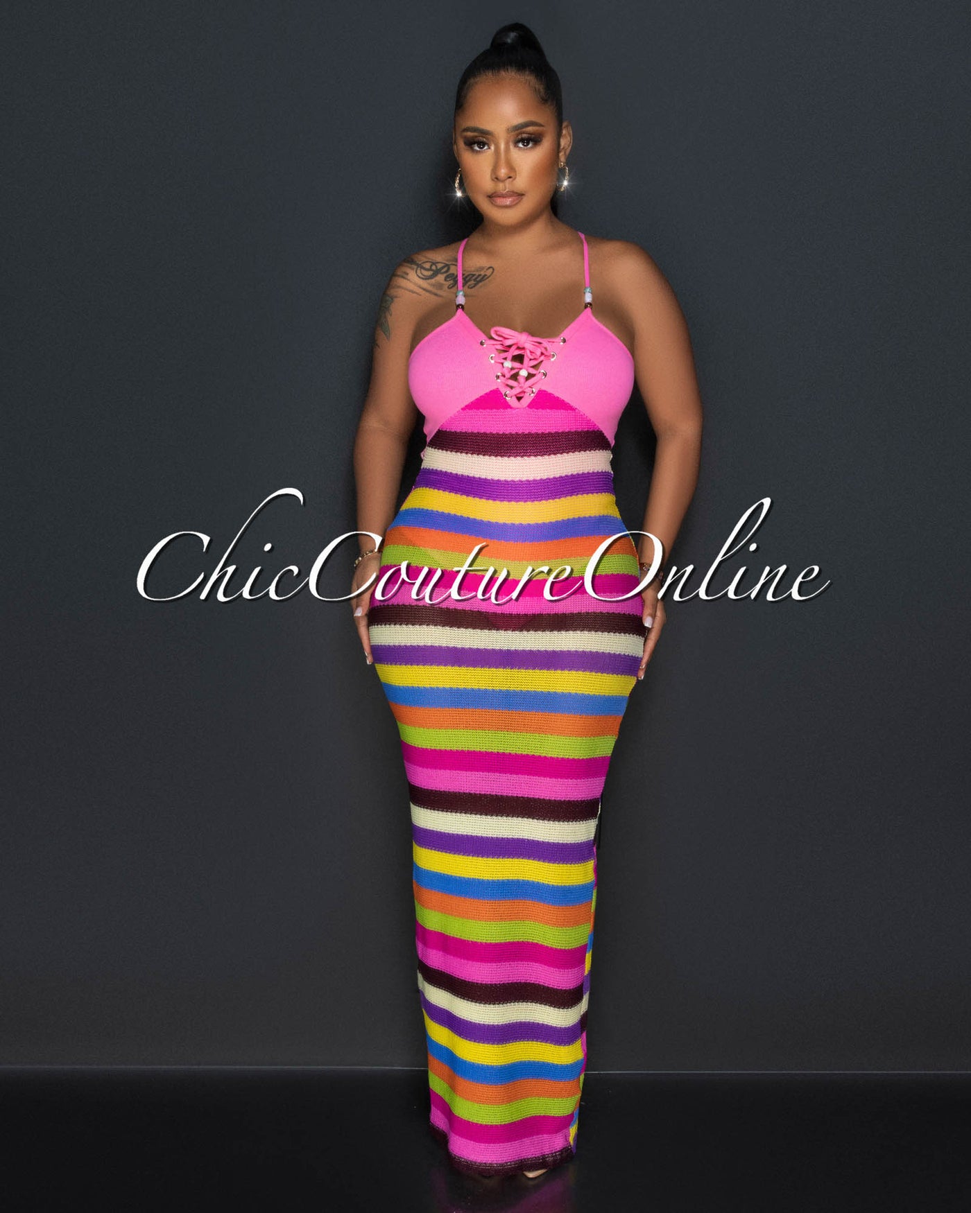 Rainey Pink Multi Halter Crochet Maxi Dress