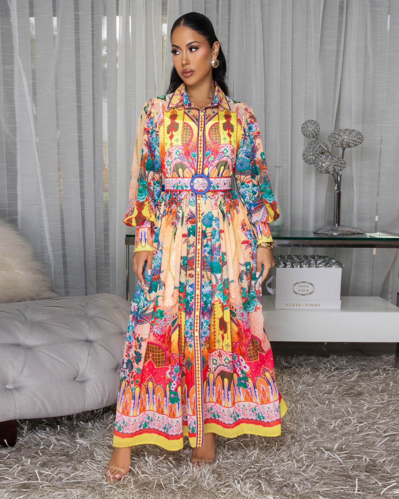 Moriell Multi-Color Floral Print Belted Maxi Dress