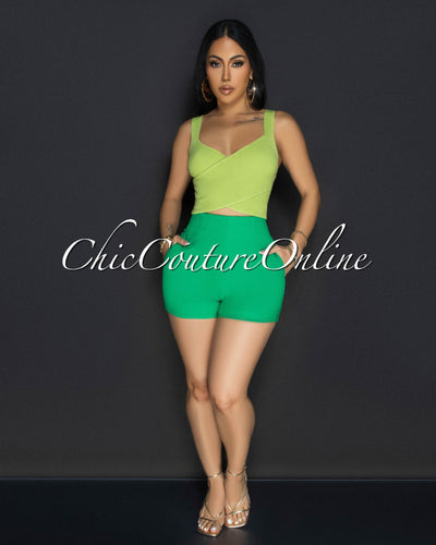 Shina Green Cross V-Neck Ribbed Crop Top