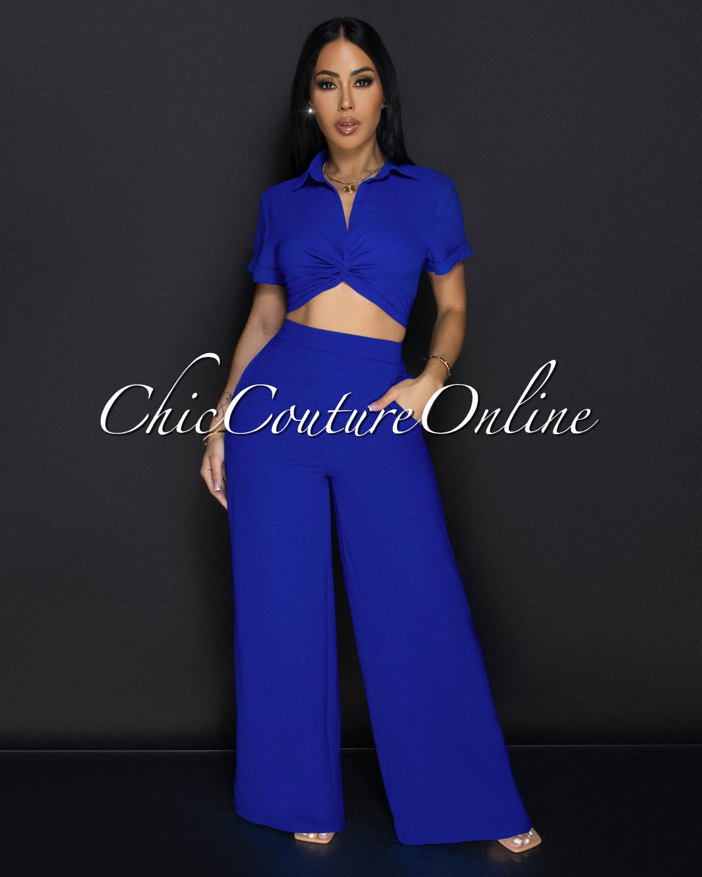 Poa Deep Royal-Blue Collared Two-Piece Pants Set