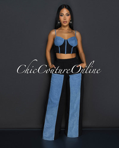 Asher Black Denim Bustier & Wide Legs Pants Set