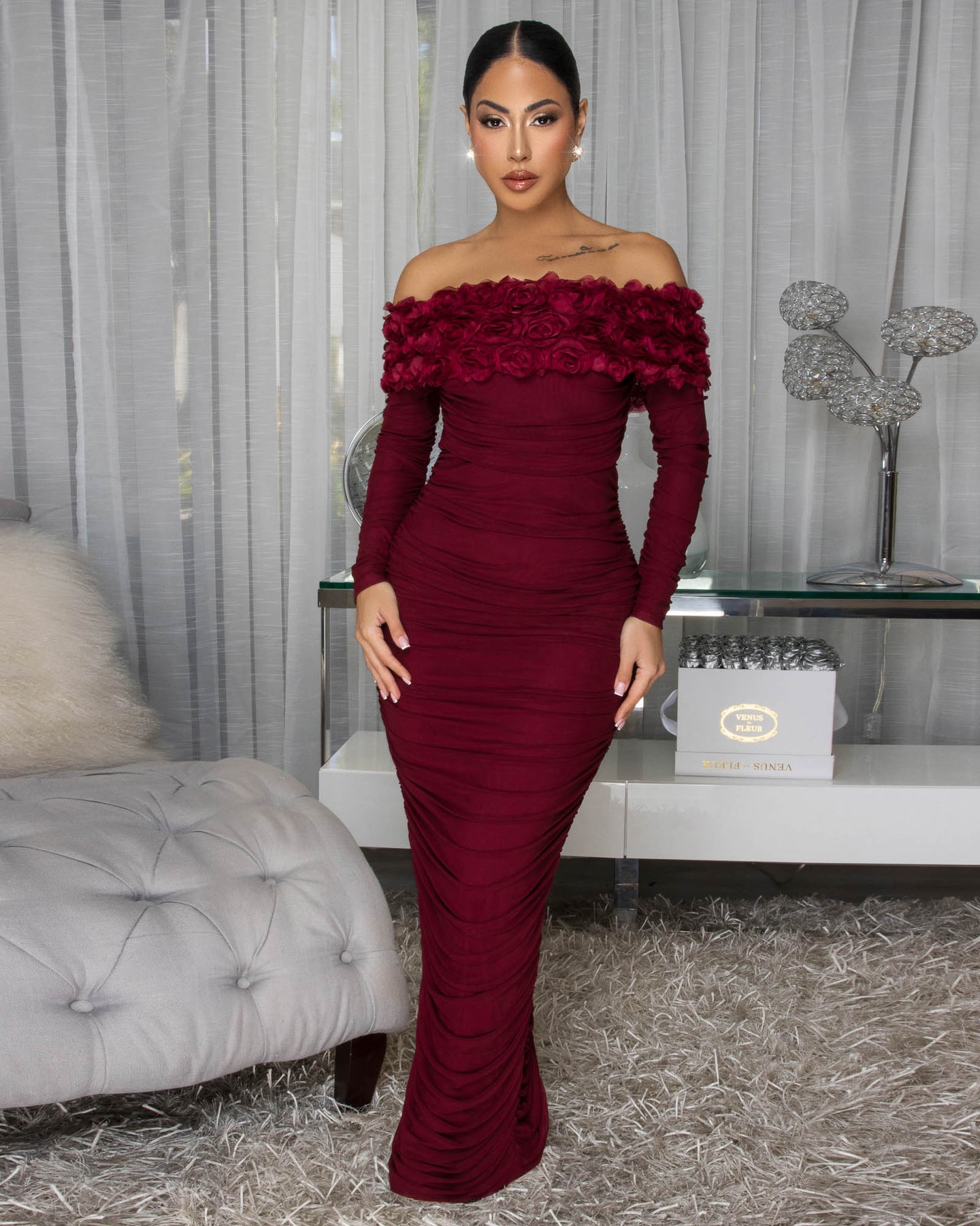 Kace Burgundy Ruched Off-The-Shoulder Maxi Dress