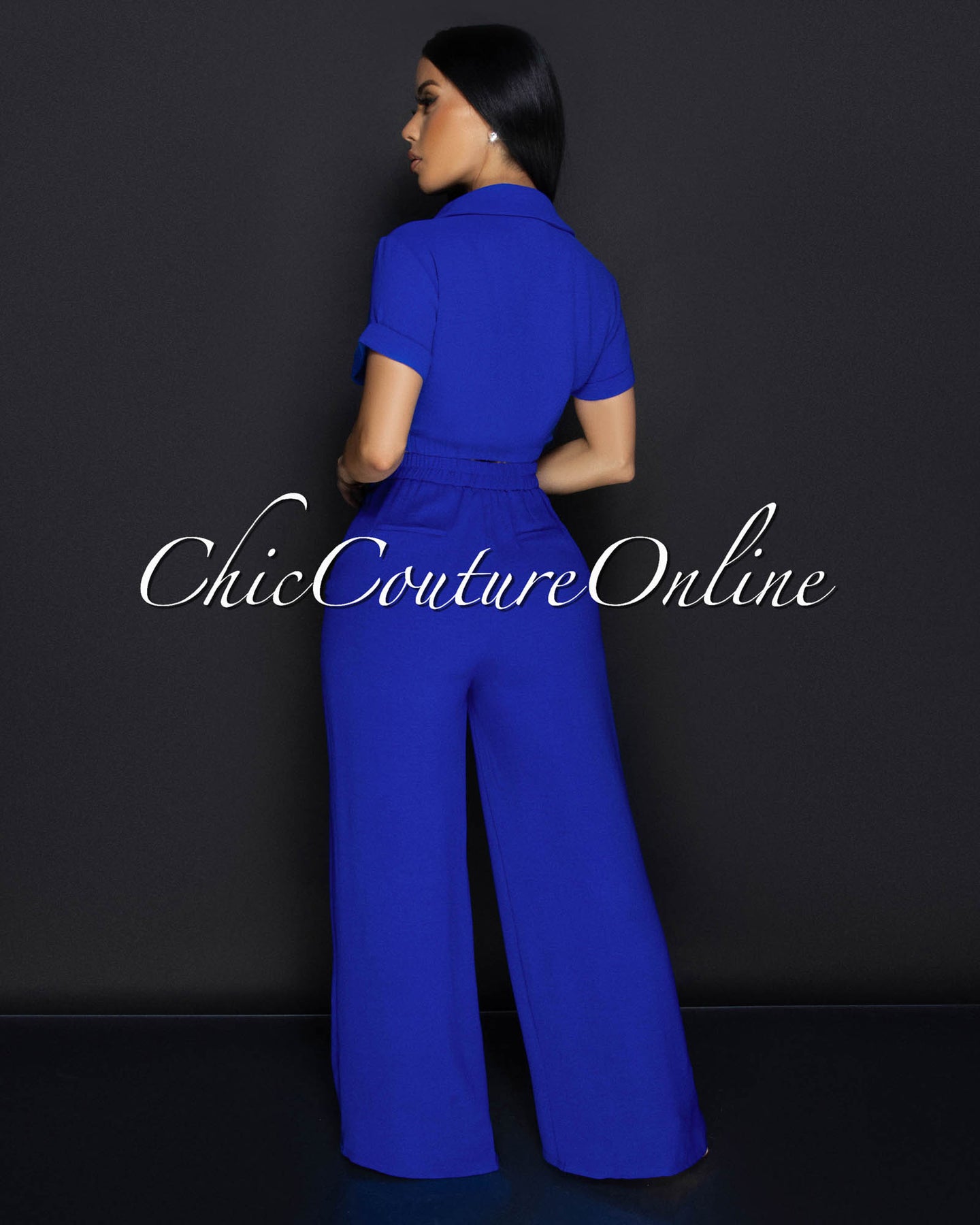 Poa Deep Royal-Blue Collared Two-Piece Pants Set