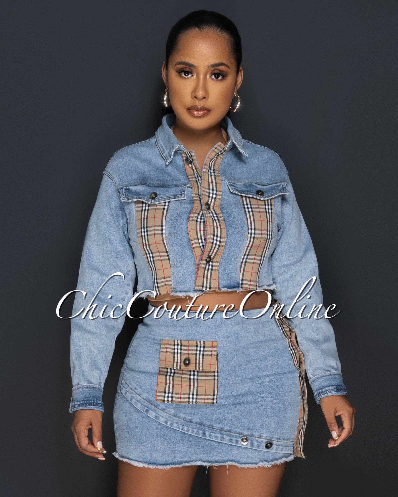 Meryl Light Denim Nude Plaid Jacket & Mini Skirt Set