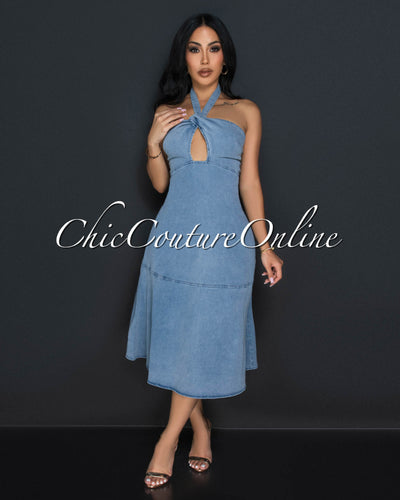 Kana Light Denim Halter Midi Dress