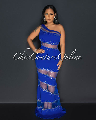 Corine Royal Blue Mesh Rhinestones Maxi Dress