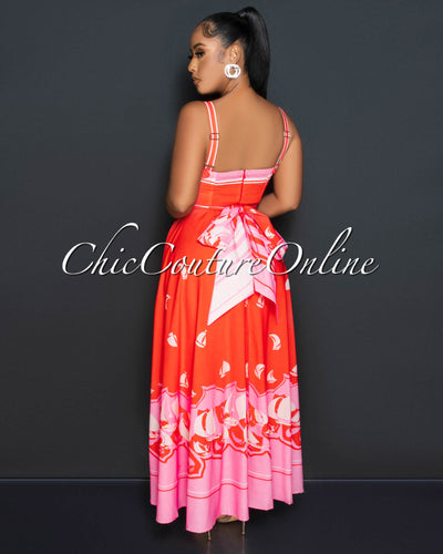 Leequan Red Sailor Print Padded Cups Maxi Dress