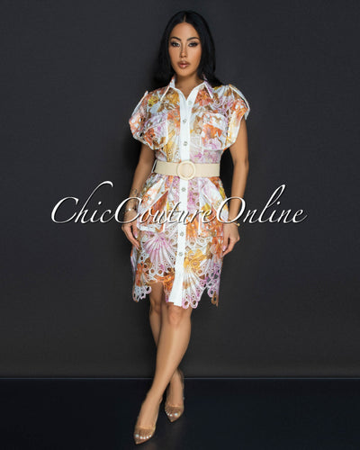 Luminous Multi-Color Print Crochet Belted Dress