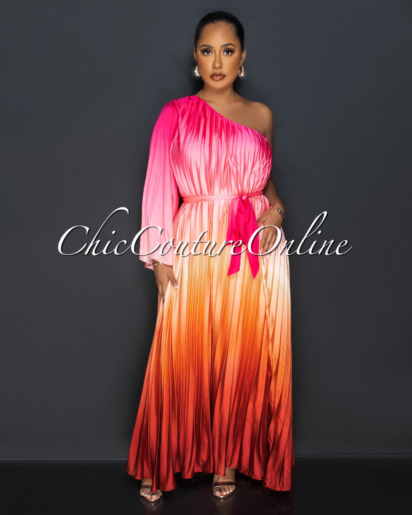 *Tonia Pink Rust Ombre Pleated Single Shoulder Maxi Dress