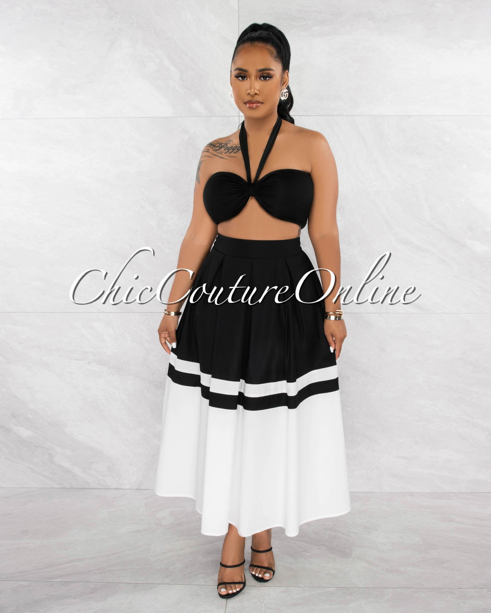 *Loyda Black White Crop Top & Stripes Midi Flutter Skirt Set