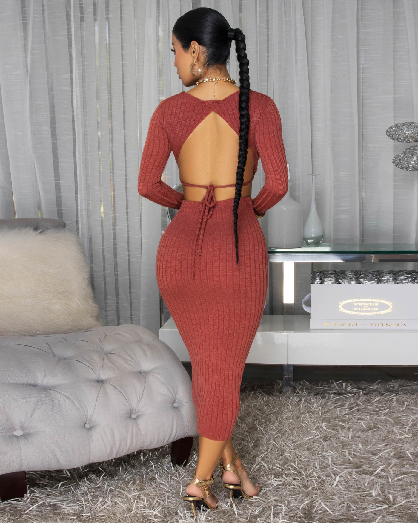 Draya Rust Orange Ribbed Skirt Set