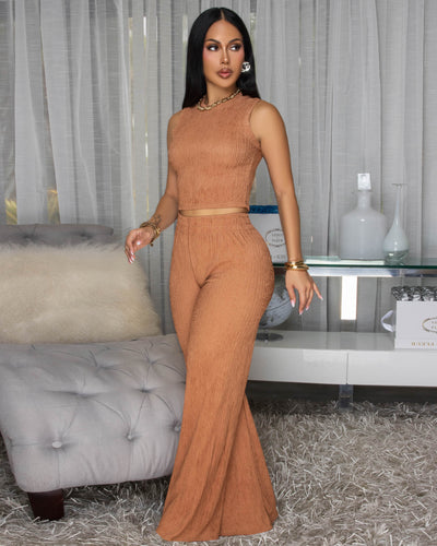 Katye Mocha Front Crop Top & Wide Pants Textured Set
