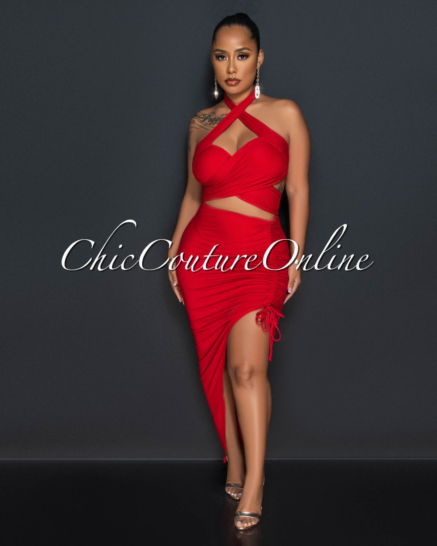 Reeda Red Crop Top & Ruched Slit Skirt Set