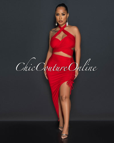 Reeda Red Crop Top & Ruched Slit Skirt Set