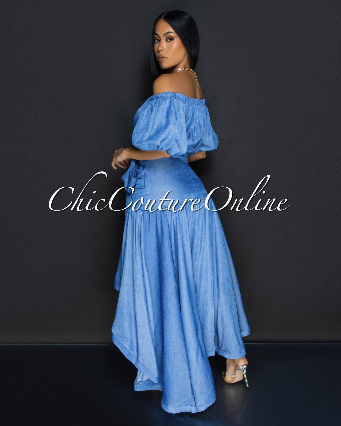 Othalia Denim Stripes Off-The-Shoulder Maxi Dress