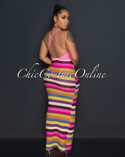 Rainey Pink Multi Halter Crochet Maxi Dress