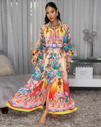 Moriell Multi-Color Floral Print Belted Maxi Dress