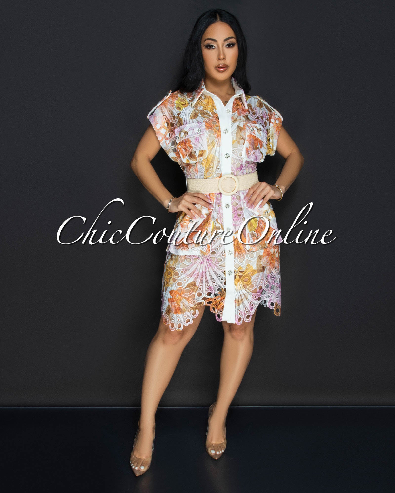 Luminous Multi-Color Print Crochet Belted Dress