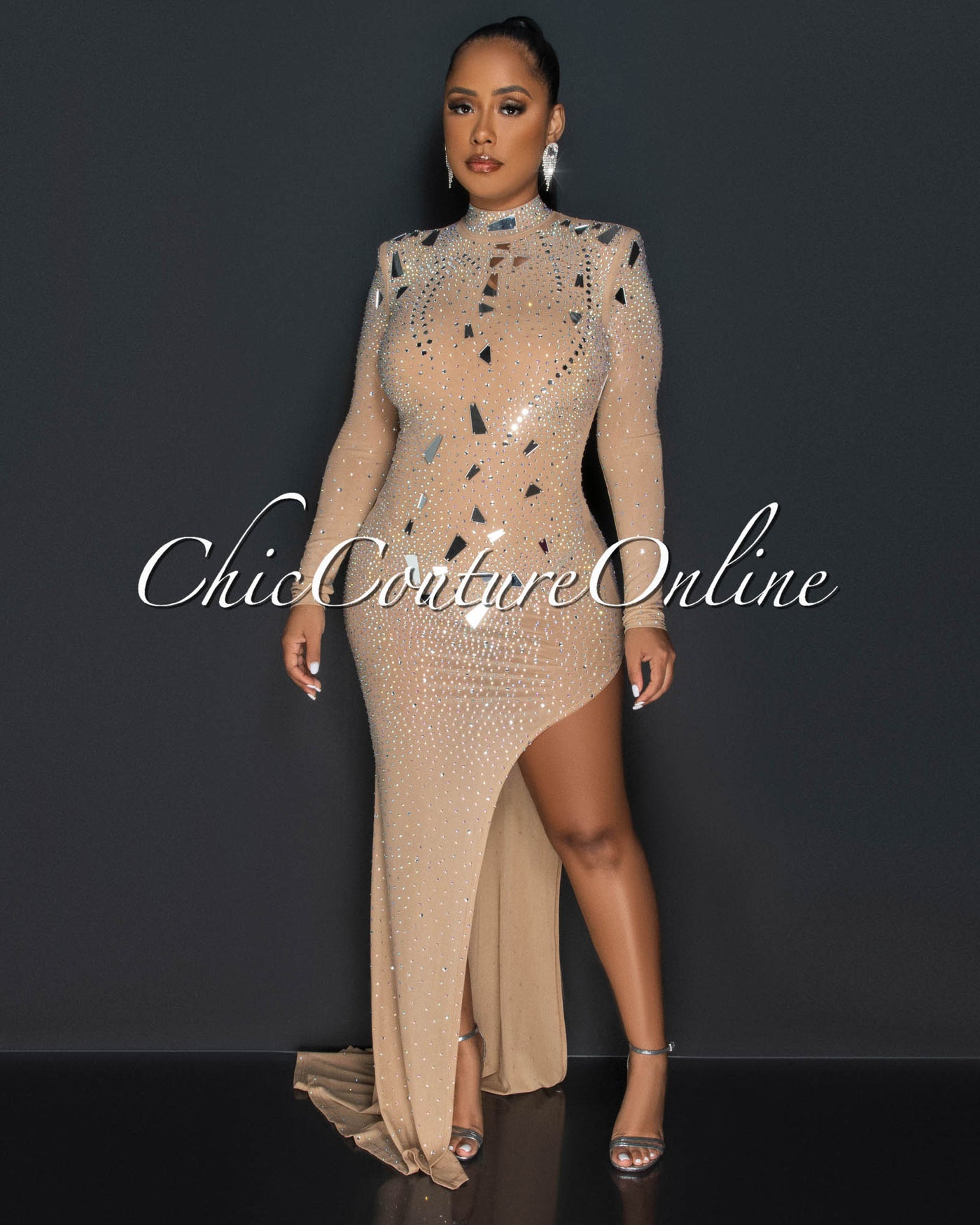 *Dabney Nude Mirrors & Rhinestones Leg Slit Bodysuit Maxi Dress