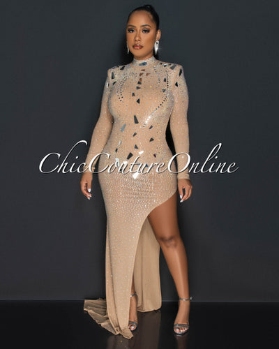 *Dabney Nude Mirrors & Rhinestones Leg Slit Bodysuit Maxi Dress