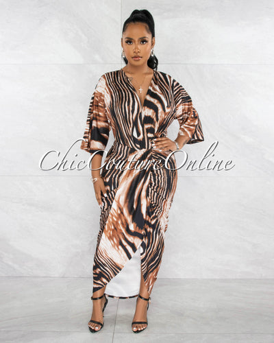 Menora Brown Tiger Print Front Drape Midi Dress