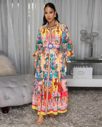 Moriell Multi-Color Floral Print Belted Maxi Dress