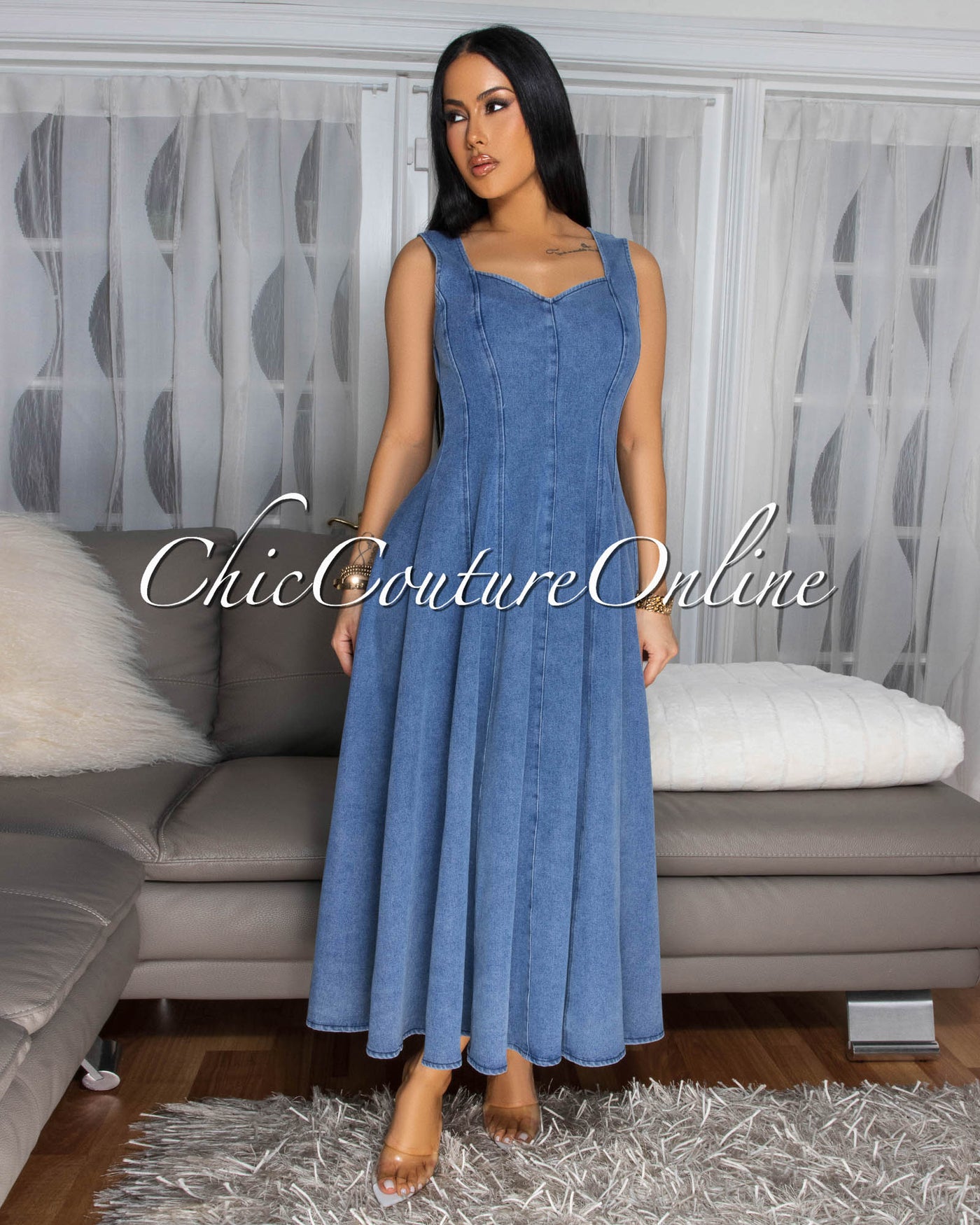 Aurelie Light Blue Denim Flare Maxi Dress