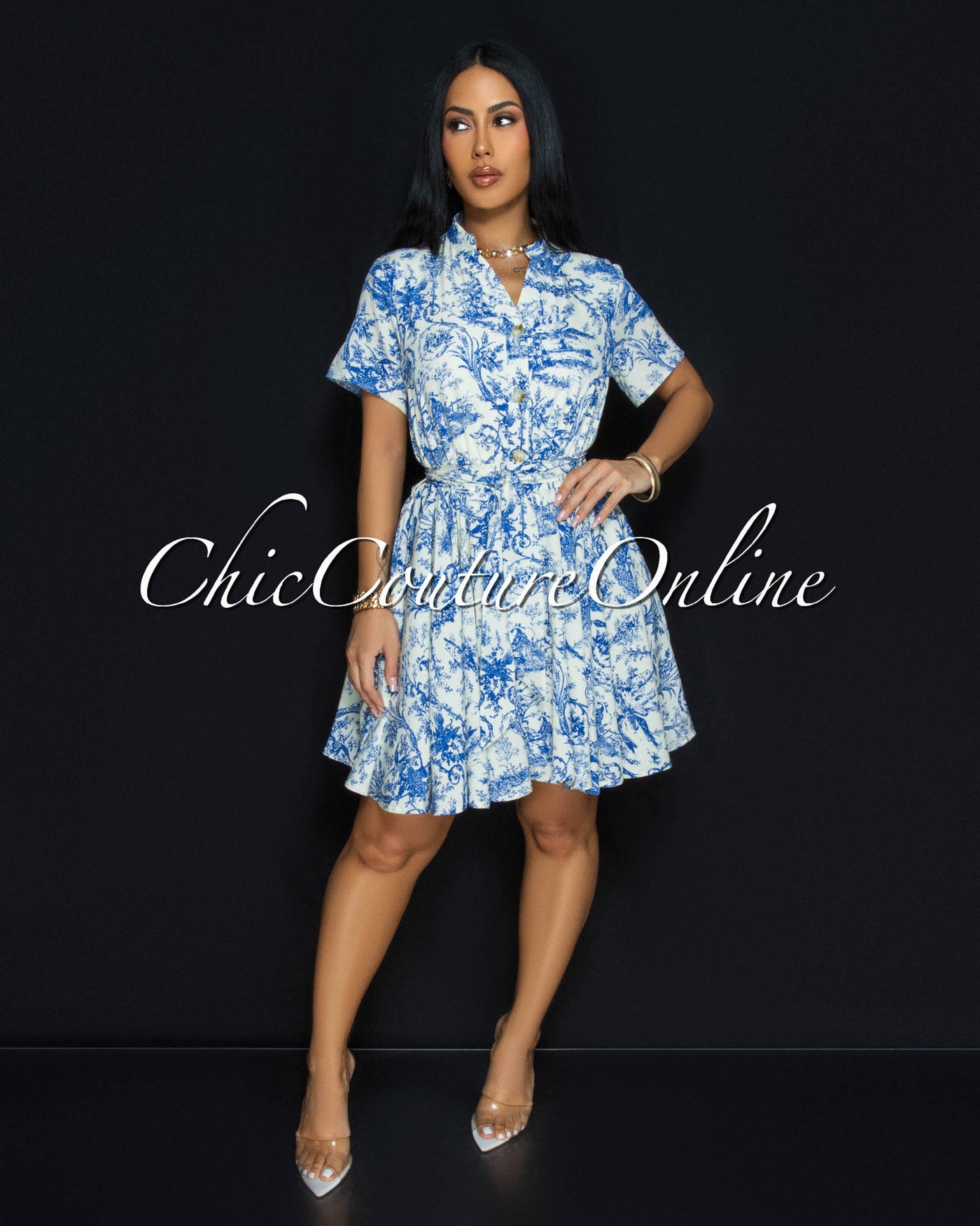 Forre Blue Off-White Print Skater Dress