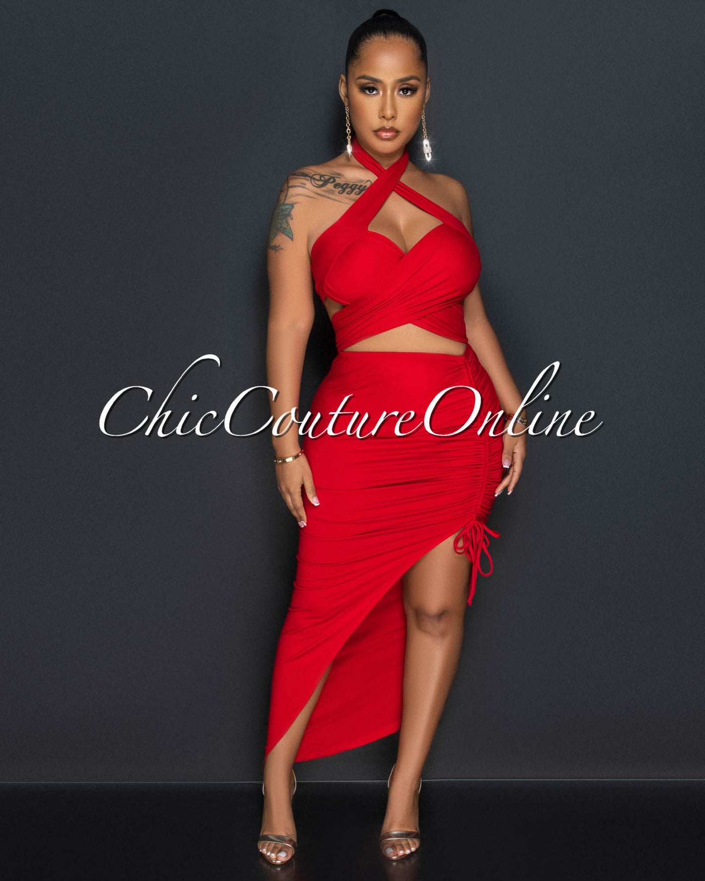 Reeda Red Crop Top & Ruched Slit Skirt Set