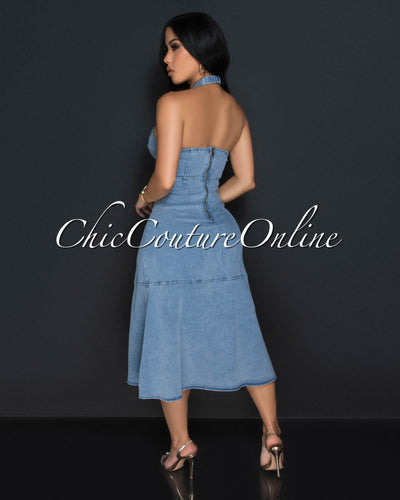 Kana Light Denim Halter Midi Dress