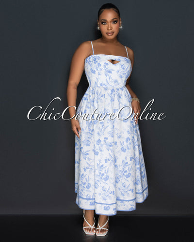 Lorena White Blue Print Smocked Back Maxi Dress