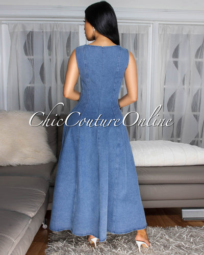 Aurelie Light Blue Denim Flare Maxi Dress